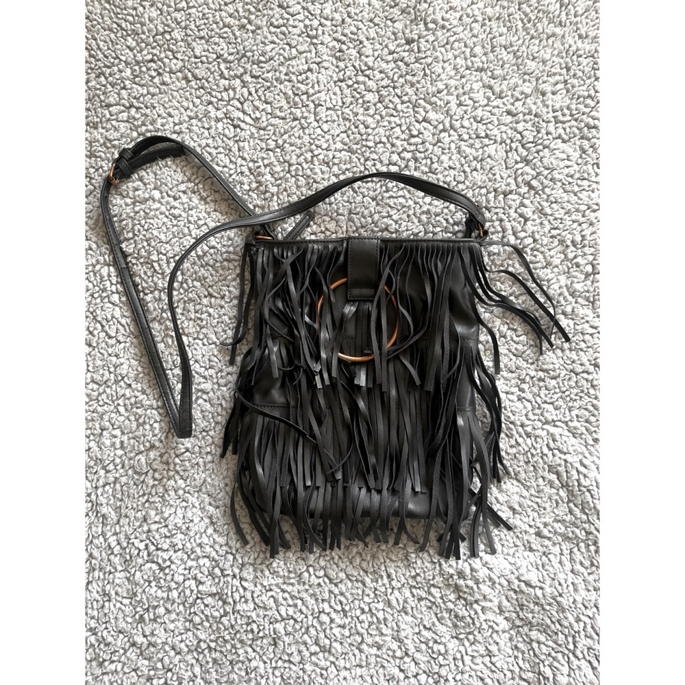 Forever 21 Black Faux Leather Fringe & Brass Crossbody Bag.